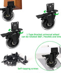 Set Of Four 3 Inch L Shaped Bracket Swivel Casters With Brakes For Cots Flower Stands Desks And Other Furniture Silent Polyurethane Wheels Heavy Duty 600 Pound Loading Capacity Ideal For Home Office And Workshop Use shown with self-tapping screws.