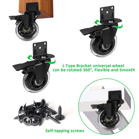 Set Of Four 3 Inch L Shaped Bracket Swivel Casters With Brakes For Cots Flower Stands Desks And Other Furniture Silent Polyurethane Wheels Heavy Duty 600 Pound Loading Capacity Ideal For Home Office And Workshop Use shown with self-tapping screws.