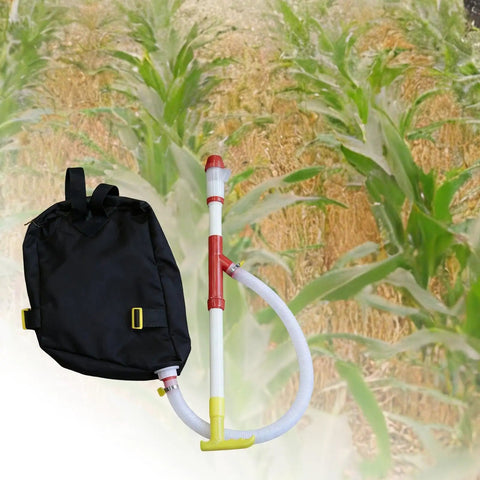 Backpack Sprayer And Manure Distributor For Vegetables With PVC Tube Handy Workhorse for farm or garden, shown with crop background