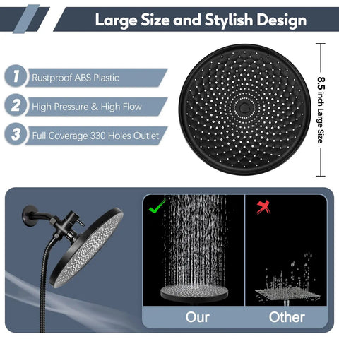 8.5 Inch Matte Black Shower Head With Handheld Spray Combo showing large rainfall design and features