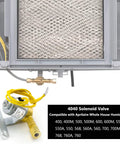 4040 humidifier solenoid valve (brass, 24V) with yellow wire and mounting bracket.