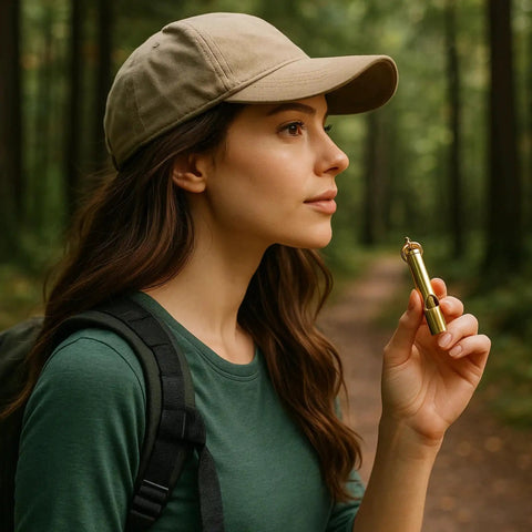 Beefy Two Inch Survival Whistle Delivers 125 Decibels Of Ultra Loud Emergency Alerts shown in woman's hand outdoors