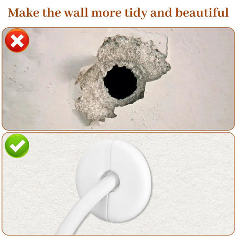 Comparison of exposed wall hole and neat setup using 4 Pack Wall Grommets For Cables, Cable Hole Covers And Routing Kit Keeps Ethernet Cables Neat And Protected.