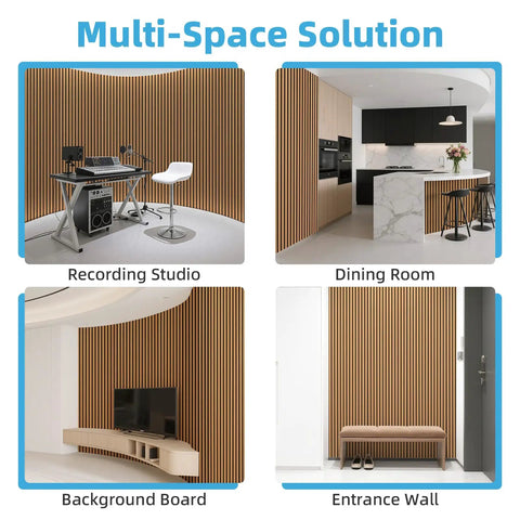 Roll Flexible Acoustic Wood Slat Wall Panels Teak Finish Sound Absorbing Polyester Felt Backing used in a recording studio and dining room.