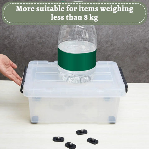 Self Adhesive Caster Wheels Black Stainless Steel Rolling Casters on plastic storage box holding water bottle.