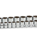 21-piece socket set showing all sizes from 3/4 to 2 inches, chrome moly steel, part of 3/4 Inch Drive 21 Piece 12 Point Socket Set