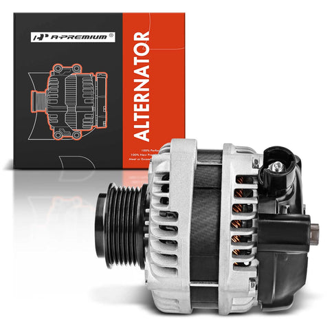 Packaging and side view of Premium 130 Amp 12V Alternator For Honda Odyssey 2011 To 2013 Pilot 2012 To 2015 Ridgeline 2012 To 2014 V6 3.5L With 6 Groove CW Pulley Direct Fit Replacement 31100 RV0 A01 New.