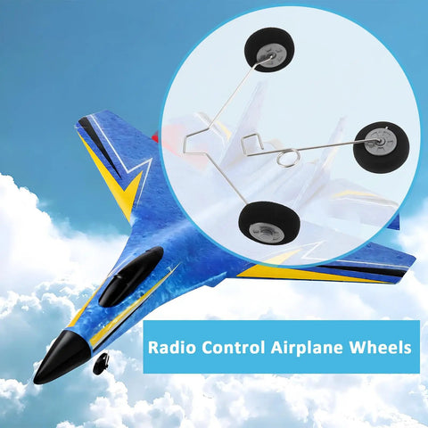 Blue RC foam fighter with Five Pair Front And Rear RC Plane Wheels For Foam Fighter F22 Su27 HW33 Durable Metal And Sponge Tires