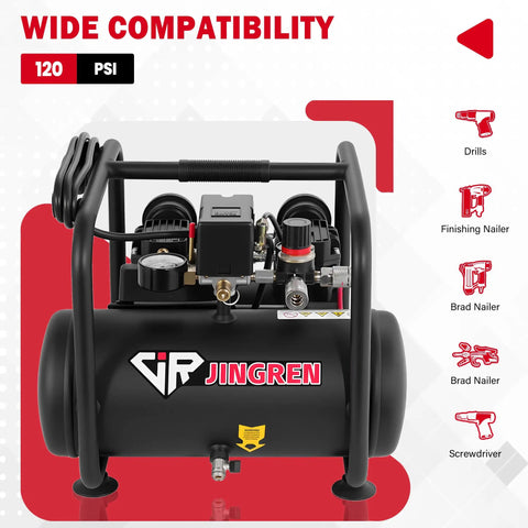 Jingren 2 Gallon Oil Free Air Compressor With Hose Only 68dB Super Silent 120PSI Max 1.2HP Portable For Nails And Tires No Noise Just Work