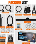 Packing list for Dual Pulley Weight Cable System For Home Gym Upgrade With Lat Pull Down And Adjustable Attachments includes cables, pulleys, and accessories.