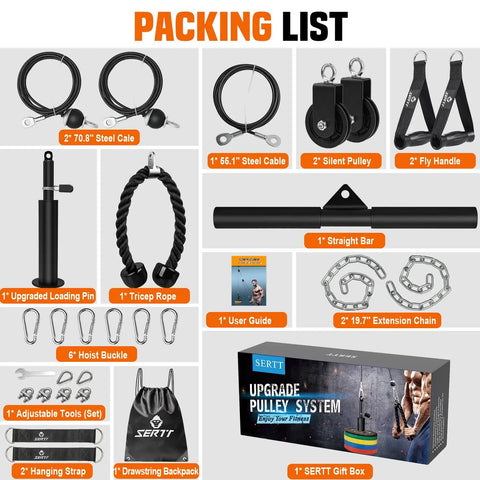 Packing list for Dual Pulley Weight Cable System For Home Gym Upgrade With Lat Pull Down And Adjustable Attachments includes cables, pulleys, and accessories.