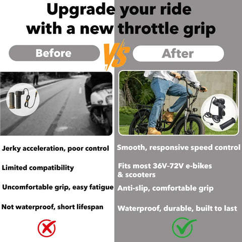 Comparison image highlighting Full Twist Ebike Throttle Grip With Two Keys Waterproof 3 Pin Electric Bike Throttle Handlebar Controller benefits