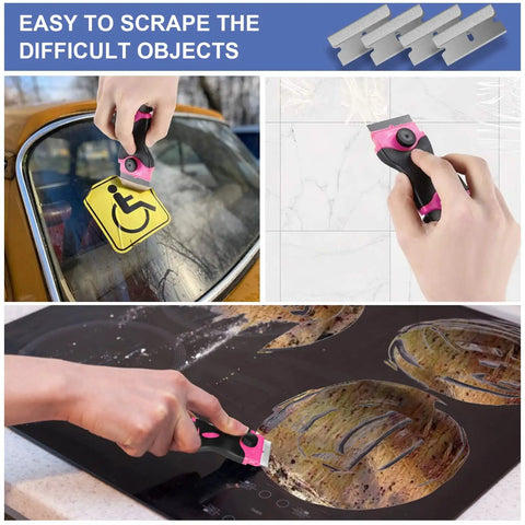Two Pack Double Edged Razor Blade Scraper Tool Kit With 30 Blades, Glass Window Cleaner For Decals, Pink handle in use on surfaces