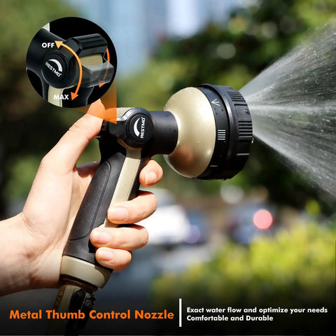 Heavy Duty Metal Hose Nozzle With 8 Spray Patterns And Thumb Control, bronze finish, used for watering, close-up view
