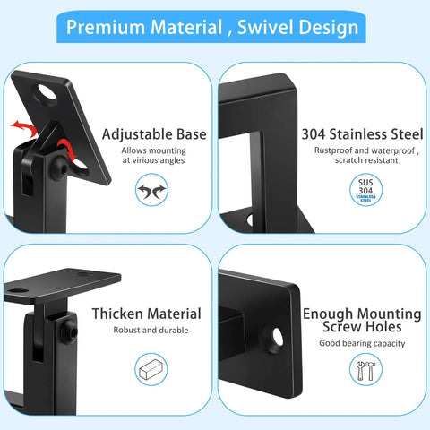 Set Of 3 304 Stainless Adjustable Handrail Brackets For Stair Rails Beefy Heavy Duty Wall Mounts Black Finish Built To Last Outdoor Weatherproof 0 To 270 Degree Angles featuring adjustable base, stainless material, and mounting holes details.