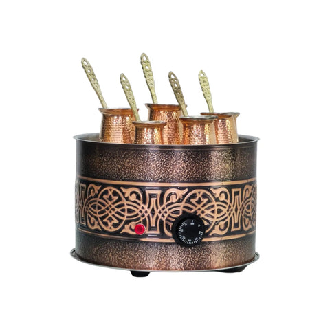 Copper Turkish Sand Coffee Maker Set With Electric Heating 110 To 230 Volt Old School Ottoman Round Design Coffee Machine With Pot Set Of Five Sizes Options