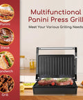 Aigostar 1000w Panini Press Sandwich Maker Non Stick Plates Quick Heat Even Cooking Crispy Grilling Appliance For Home Kitchen Party with steak and grill.