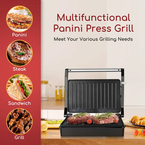 Aigostar 1000w Panini Press Sandwich Maker Non Stick Plates Quick Heat Even Cooking Crispy Grilling Appliance For Home Kitchen Party with steak and grill.