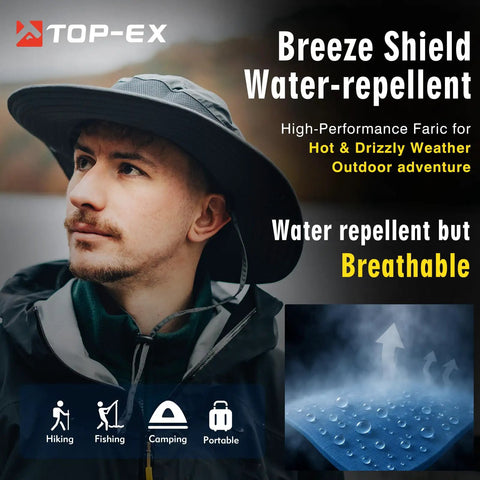 Cooling Mesh Boonie Hat With Sweatband For Hot Days, man wearing wide brim hat in outdoor setting, UV protection, waterproof fabric