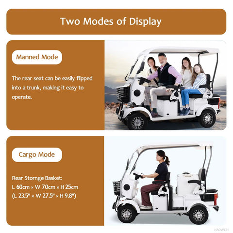 White 4 Passenger Electric Golf Cart Scooter With 1200W Brushless Motor And 60V 37AH Lithium Pack showing Manned and Cargo modes.