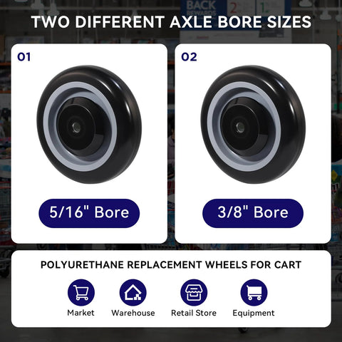 5 Inch Shopping Cart Wheels Replacement Set With Five Sixteenth Inch Axle Polyurethane Casters 1400 Lbs Total Capacity
