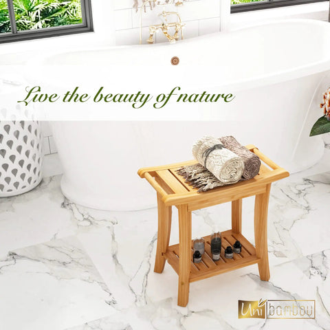 Bamboo Shower Bench With Storage Shelf For Indoor And Outdoor Use Sturdy Wooden Spa Bath Organizer Stool Bathroom Bench