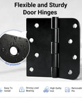 Close-up of Six Pack Matte Black 4 Inch Door Hinges Heavy Duty Iron Exterior Interior With 5/8 Radius And Square Corners
