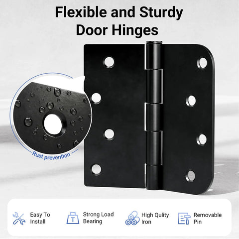 Close-up of Six Pack Matte Black 4 Inch Door Hinges Heavy Duty Iron Exterior Interior With 5/8 Radius And Square Corners