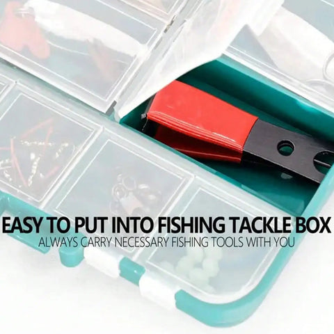 Premium Stainless Steel Line Cutter in tackle box with red handle, ideal for saltwater fishing, pro-grade cutting tool for anglers.