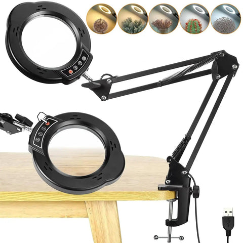 15X Magnifying Desk Lamp with Clamp and Base, 5 Color Modes, 10-Level Brightness, attached to desk, 4.2-Inch Glass Magnifier, USB power