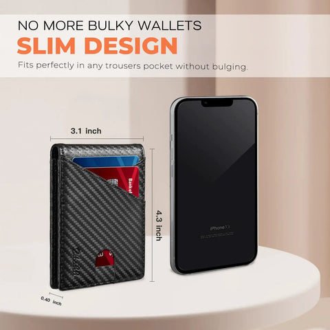 Slim RFID Leather Bifold Wallet For Men Minimalist Card Holder For 6 To 11 Cards With ID Window And Cash Slot Front Pocket Design Thin Wallet next to smartphone with dimensions 4.3 x 3.1 x 0.4 inches shown on table.