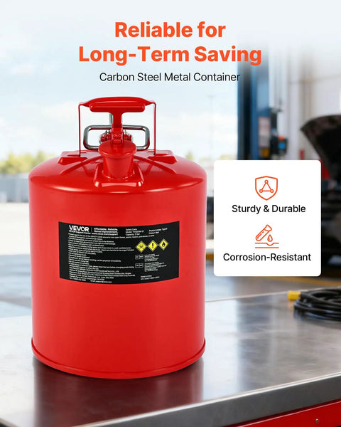 Rock Solid 5 Gallon Safety Gas Can Heavy Duty Type II Fuel Container With Stainless Flame Arrestor Zero Drip Auto Closing Lid And Adjustable Metal Spout Carbon Steel Jerry Can For Home Garage Refueling
