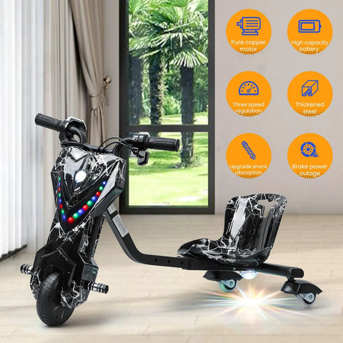 Kids 12V Electric Drift Trike With 360 Degree Drifting Adjustable Seat Front Brake 9 MPH Max Speed Big Wheel Ride On Tricycle For Ages 8 To 14 Black White black marble electric drift trike with LED lights and adjustable seat