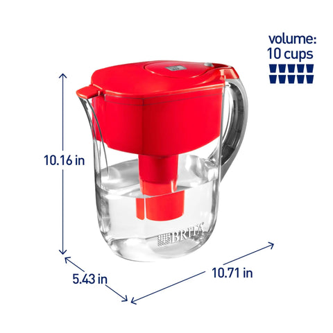 Red 10 Cup Water Filter Pitcher For Tap Water BPA Free Lasts About 2 Months Per Filter Easy Pour Design Great Tasting Hydration For Home Or Office Fits In Refrigerator And Keeps Water Fresh