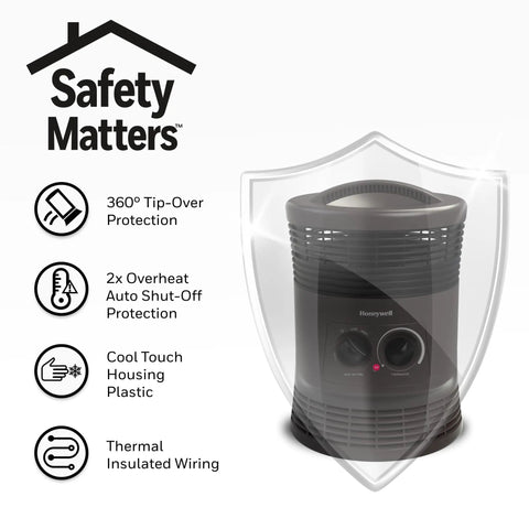 Charcoal grey 360 Degree All Around Heat Portable Space Heater with safety features and controls visible
