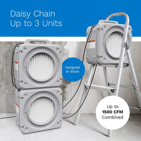 Stackable Portable Air Scrubber And Negative Air Machine With Heavy Duty 3-Stage Filtration Pre Filter Activated Carbon And HEPA Filter Commercial Workhorse Slash Dust Smoke And Pet Odors Instantly Ensuring Top Air Quality With Zero Hassle On Site, two units stacked on a ladder.