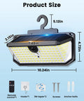 Solar Fence Lights With 526 LEDs, Motion Sensor, 270 Degree Wide Angle, 3 Modes, remote control, hook mount, size details
