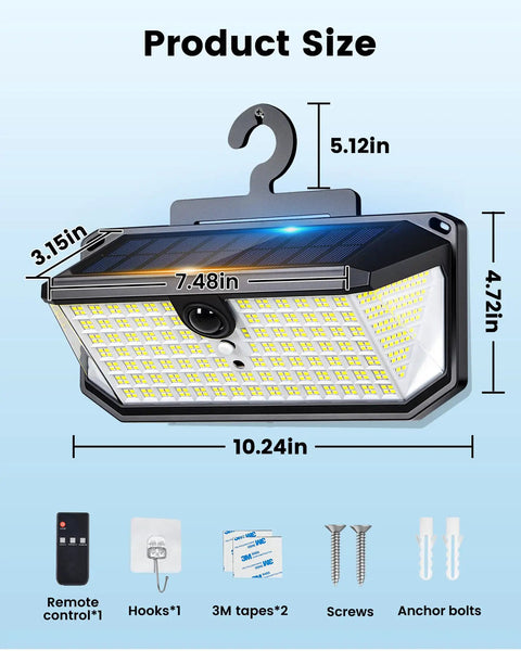 Solar Fence Lights With 526 LEDs, Motion Sensor, 270 Degree Wide Angle, 3 Modes, remote control, hook mount, size details