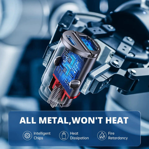 Slick All Metal Usb C Car Charger 60W Dual Pd Qc Port showcasing intelligent chips and heat dissipation features.