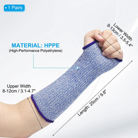 Level 5 Cut Resistant Arm Sleeves With Thumb Hole, Tough As Nails HPPE Forearm Guards For Kitchen And Workshop, Real Deal Slash Shield For Sensitive Skin, 1 Pair Blue Small, showcasing material and dimensions.