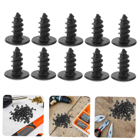 Nailed It With These Dope 100 Piece Miniature Metal Screws in black for furniture assembly and home repairs, showcasing self-tapping design.