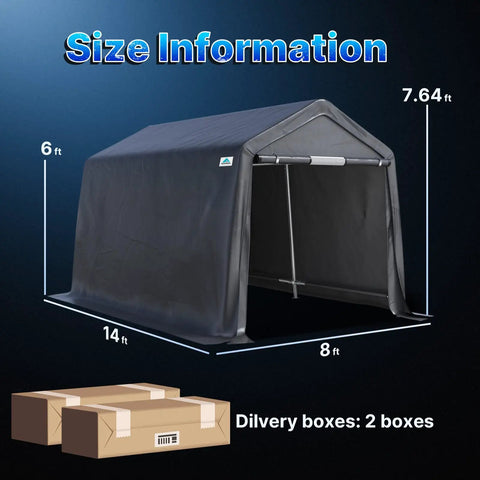8x14 Ft Steel Peak Roof Portable Garage Shelter Carport For Motorcycle Or Bike And Garden Tools With Two Roll Up Doors