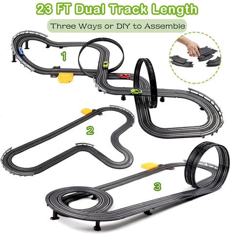 Epic Slot Car Race Track Set With 23 Foot Track, 4 Cars, battery powered, 3 track layout options shown