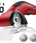 Katerk 4.4V Cordless Electric Scissors & Cardboard Cutter with USB-C cable and two blades for cutting clear material.