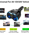 Ultimate 5 In 1 Cigarette Lighter Splitter With Usb C And Dual Usb Ports Quick Charge Car Adapter For 12V 24V Rides with voltage display.