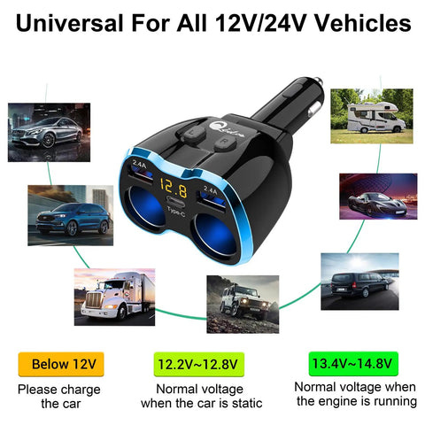 Ultimate 5 In 1 Cigarette Lighter Splitter With Usb C And Dual Usb Ports Quick Charge Car Adapter For 12V 24V Rides with voltage display.