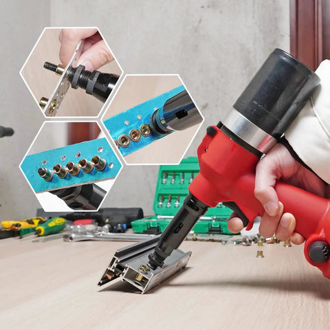 Industrial Hydraulic Pneumatic Riveter Kit For Rivnuts And Riveting Pro Grade Auto Air Gun with 8 nose pieces in action