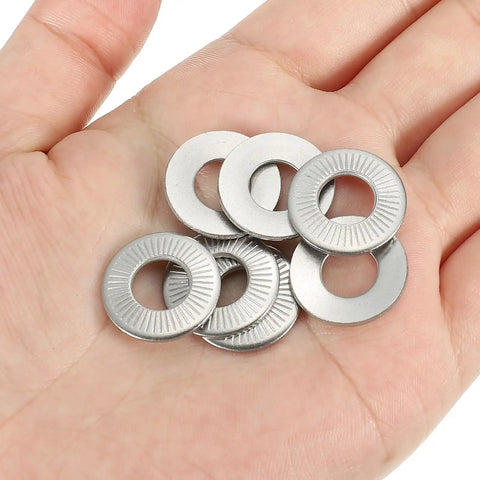 Bad Ass Pack of 304 Stainless Steel Flat Washers M8 18 Mm Belleville Spring Discs plus Conical Knurled Gasket in hand