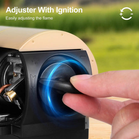 Hand adjusting knob on Go To Portable Camping Stove 1400W Butane Collapsible Backpacking Stove for ignition.