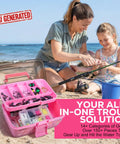 Woman and child on the beach with open pink box showing All In One Trout Fishing Tackle Kit With Pink Box Complete Soft Plastic Baits Swimbaits.
